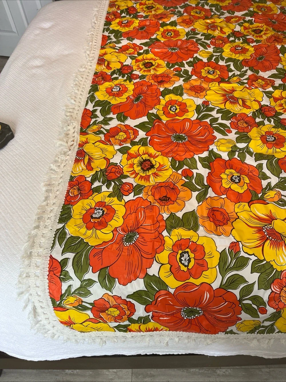 Vintage MCM Floral Orange & Yellow Tablecloth with Fringe 83x43
